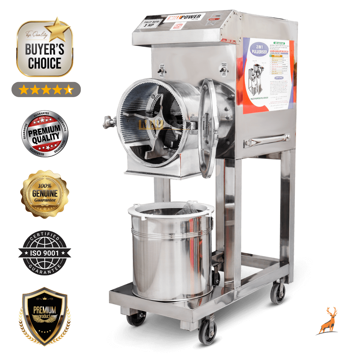 moinho de trigo 3 hp – vista frontal câmara dupla – reindeer machinery